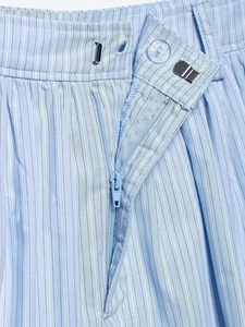 Vue détaillée du short rayé avec crochet métallique, bouton et fermeture éclair à la taille