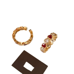 Gold-plated heart ear cuff with red enamel and sparkling zircon stones for women