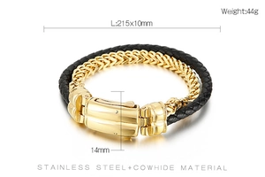 Detailed view of 215mm braided leather and gold stainless steel mens bracelet with dimensions