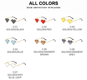 Detailed view of heart-shaped sunglasses in seven color variants with metal frames