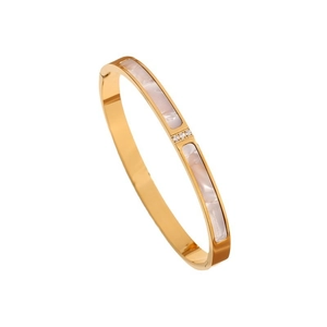 Elegant titanium steel bangle with white mother of pearl inlay and crystal accents