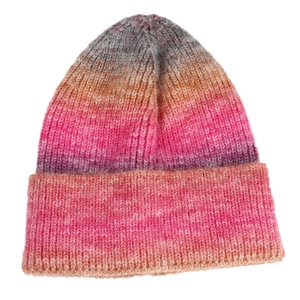 Detail of multi-color gradient tie-dye knit beanie with thick ribbed texture and folded cuff