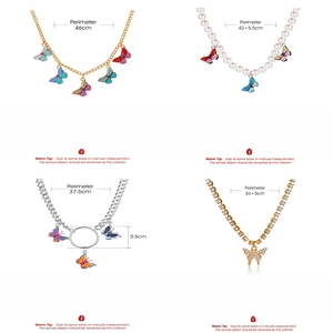Size chart showing dimensions and weight of four diverse butterfly pendant necklaces