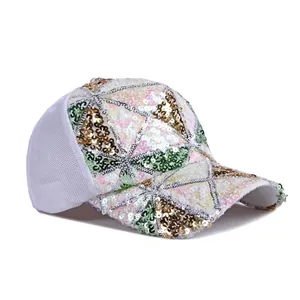 Summer mesh baseball cap with colorful sequins and geometric pattern for sun protection
