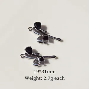 Retro silver alloy pendant with black gems for Y2K jewelry DIY, size 19x31mm