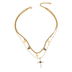 Double-layered gold stainless steel necklace with cross and evil eye pendants