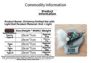 Detailed size chart for Christmas gnome pendants with LED lights and knitted hat features