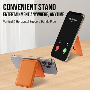 Magnetic orange leather phone wallet stand for iPhone 16 with vertical and horizontal support