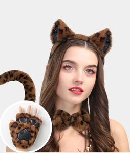 Detailed view of leopard print cat cosplay set featuring plush ears, paws, tail and bowtie