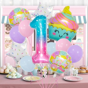 Ice cream dessert theme birthday party balloon set with number 1 foil and cupcake designs