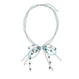 Double-layered beaded necklace with sky blue beads and a woven bowknot pendant