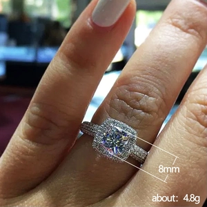 Square cut halo zirconia ring in silver finish with 8mm center stone weighing 4.8g