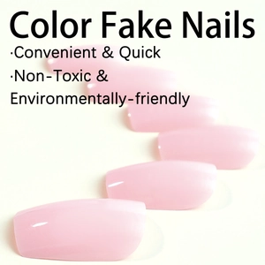 Glossy jelly pink long coffin press-on nails made of high-quality resin material