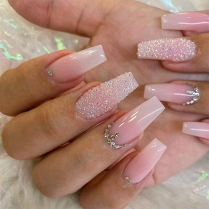 Long Coffin Press On Nails Pink Ombre Glossy French Style False Nails With Rhinestones Glamorous Luxury For Women