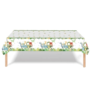Cartoon dinosaur themed rectangular party tablecloth with volcano and jungle patterns