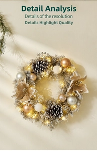 Detail of 40cm silver Christmas wreath with pine cones and warm LED lights