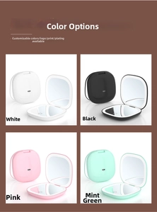 Collage of portable LED makeup mirrors in white, black, pink, and mint green with USB port