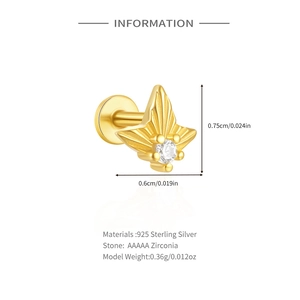 Detail of 925 sterling silver gold stud earring featuring an AAAAA cubic zirconia stone