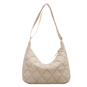 Chic beige quilted nylon crossbody dumpling bag with adjustable shoulder strap