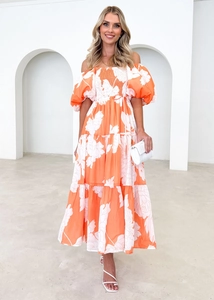 Elegant floral off-shoulder maxi dress with puff sleeves and tiered cake skirt detail