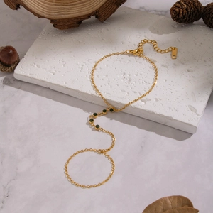Geometric Green Zircon Finger Bracelet Stainless Steel 18K Gold Plated Waterproof Hand Harness Jewelry For Women
