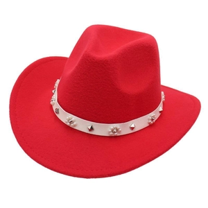 Red western felt cowboy hat featuring white rhinestone and pearl studded decorative band