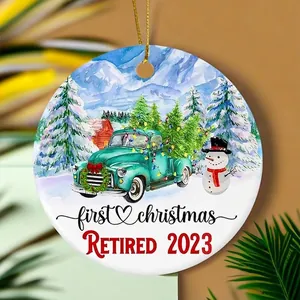 Custom 2023 First Christmas Retired ornament with watercolor truck and snowman design