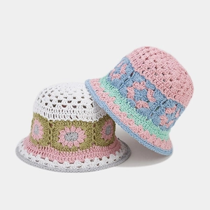 Handmade crochet bucket hats with floral knit patterns and hollow weave design