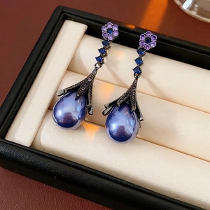 Flower Dangle Earrings With Silver Earring Post Copper Rhinestone Imitation Artificial Pearl Vintage Luxury Jewelry For Women