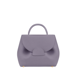 Lavender purple textured leather handbag with semi-circular clasp and minimalist design