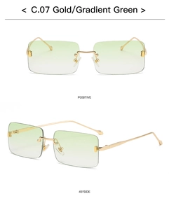 Randlose quadratische Sonnenbrille mit Goldrahmen und grünen Verlaufsgläsern in zwei Ansichten