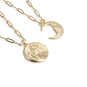 Moon Face Sun Pendant Necklace Copper Zircon Inlaid Gold Tone Paperclip Chain Retro Hip Hop Jewelry Unisex