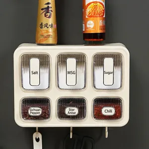 Wall-mounted 6-grid kitchen seasoning box with transparent drawers and storage hooks