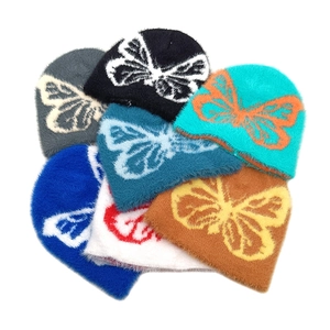 Butterfly Pattern Plush Beanie Hat Faux Mink Fur Thickened Warm Knit Cap Winter Outdoor Fashion For Women