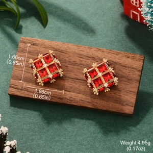 Detail shot of red square earrings on wood with size and weight text overlay