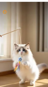 Nahaufnahme einer Katze, die mit blauem Stern-Plüschtier und Holzstab drinnen spielt