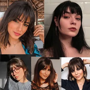 French 3D bangs hair extension for women made of dark brown synthetic fiber, 25cm straight style