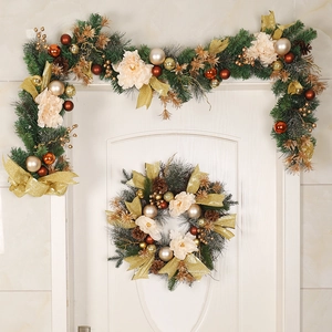 Guirnalda De Navidad Aguja De Pino Cono Flor Artificial Ornamento Luz LED Hogar Fiesta Puerta Pared Decoración Elegante Dorado PVC Ratán