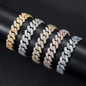 Cuban link bracelets in various colors featuring 14mm dense pave setting cubic zirconia stones