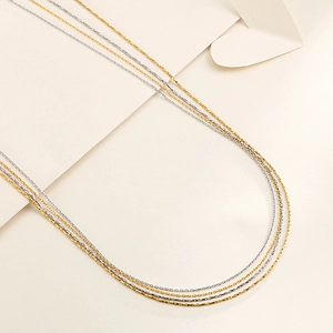 Macro view of minimalist stainless steel O-link chains in gold and silver finishes