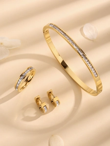 Set di gioielli in acciaio al titanio dorato con zirconi quadrati e bracciale rigido