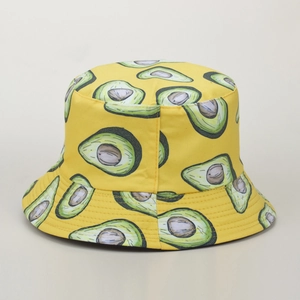 Detail showing high-quality stitching and avocado print on yellow bucket hat