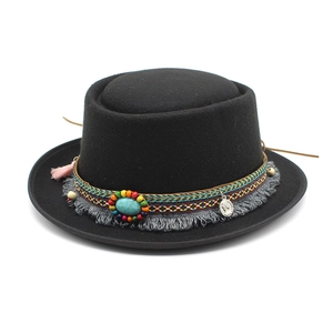 Black wool felt western fedora hat with ethnic woven band and turquoise stone detail