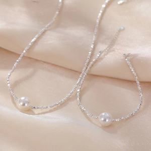 925 sterling silver necklace and bracelet set with elegant white pearls on silk