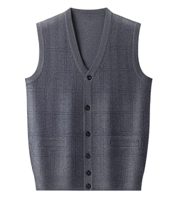 Detail of men's grey checkered knit vest featuring V-neck, buttons and front pockets