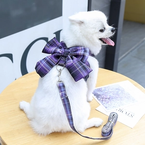 British style purple plaid pet harness and leash set with a large bow on a white Pomeranian