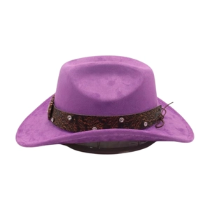 Macro detail of purple suede cowboy hat featuring vintage embossed band and rhinestones