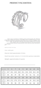 Detailed size chart for 925 sterling silver four-layer zircon ring with measurements