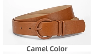 Detail view of camel PU leather belt with round matching buckle and dual loop design