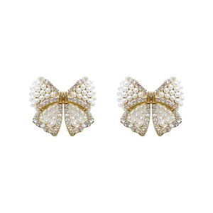 Elegant bow stud earrings with white faux pearls and cubic zirconia in gold plating